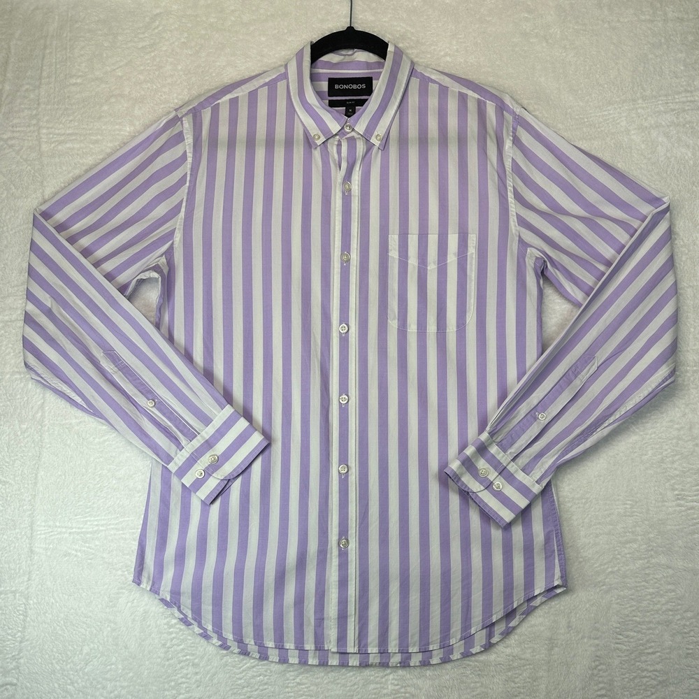 Bonobos Shirt Mens Medium Purple White Striped Slim Fit Long Sleeve Button Down